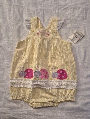 Okie Dokie baby 6-9 months seersucker yellow & white stripe ladybug design NWT